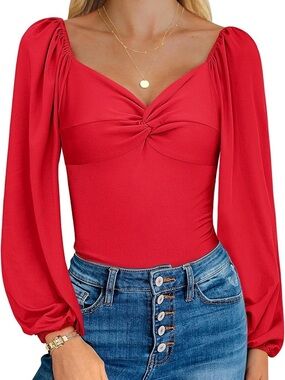 Zeagoo Women Sexy Sweetheart V Neck Long Puff Sleeve Twist Knot Front Bodysuit